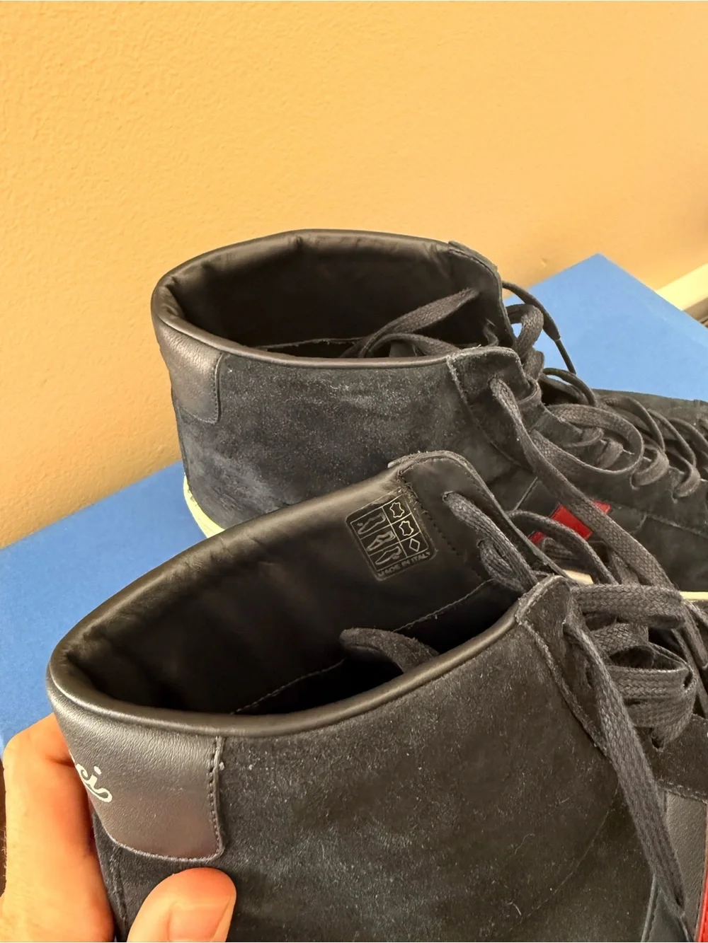 Gucci Blue Suede Web High-Top Sneakers with Red Accent